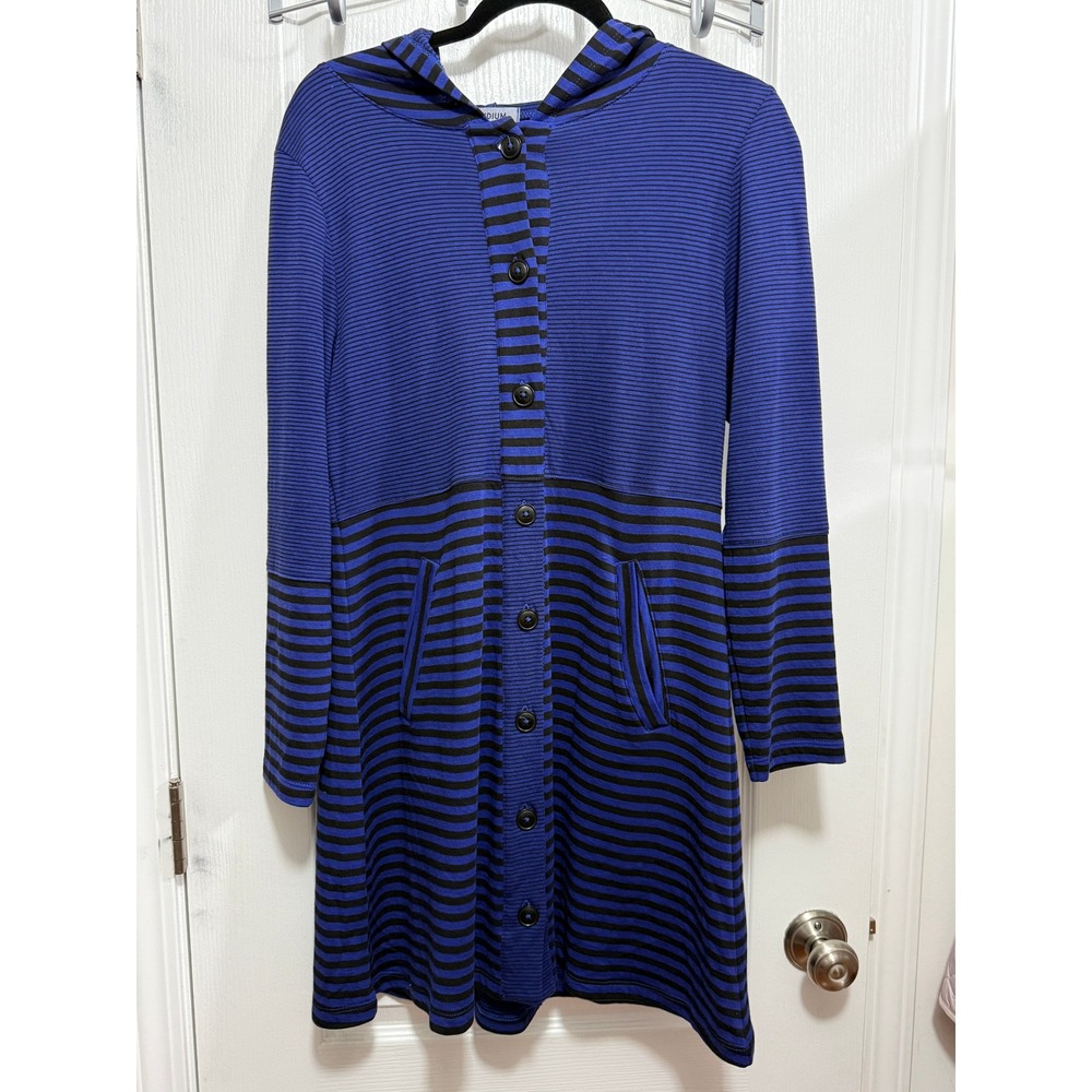 Iridium Women XS Blue Black Striped Pima Cotton Hooded Longline Cardigan Sweater